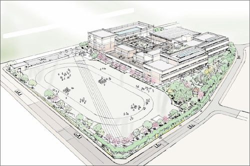 富士見市立つるせ台小学校、市立図書館鶴瀬西分館及び市立つるせ台放課児童クラブ整備並びに維持管理運営事業：外観図