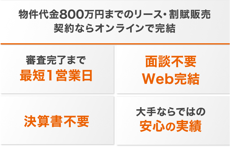 物件代金800万円までのリース・割賦販売契約ならオンラインで完結 審査完了まで最短1営業日 面談不要 Web完結 決算書不要 大手ならではの安心の実績